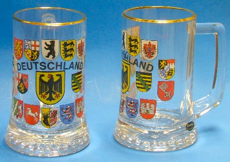 Glass Beer Mug with German Crests and a Gold Rim